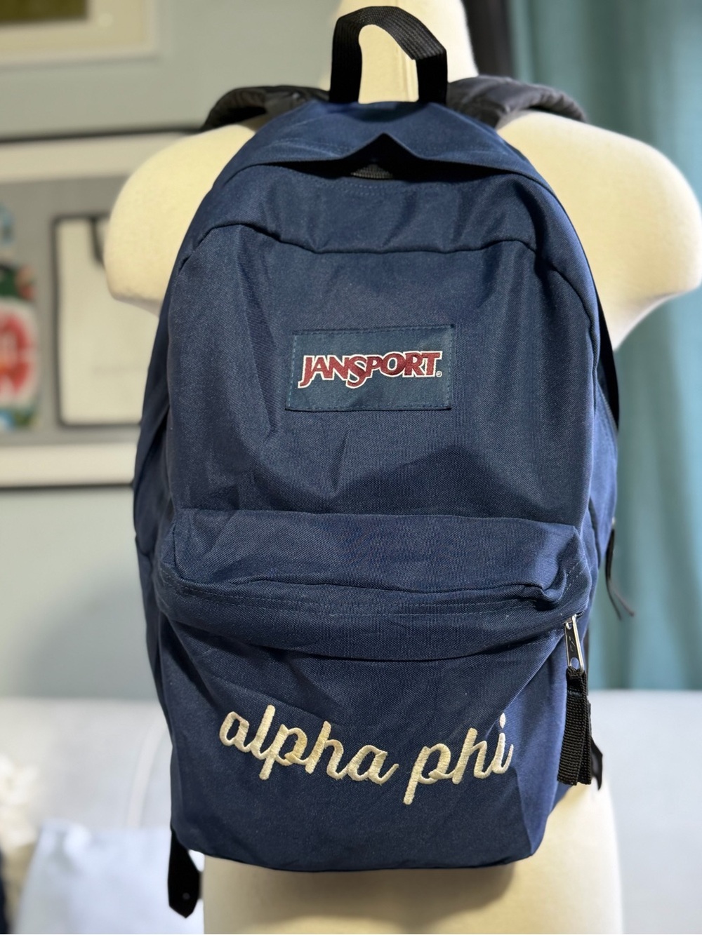 Jansport Navy Backpack with Alpha Phi Embroidery